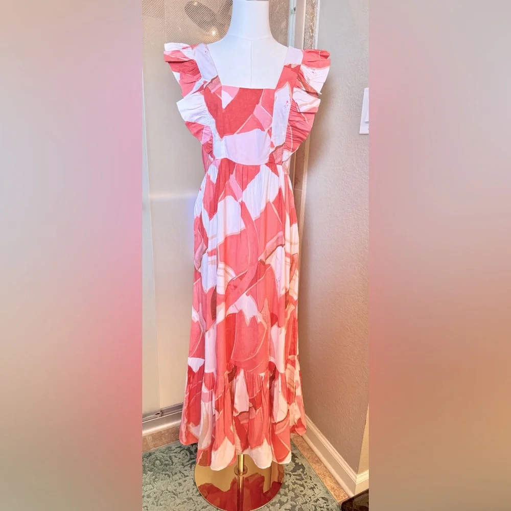 PETAL & PUP Ruffle Sleeve Vibrant Coral & White Tiered Maxi Dress